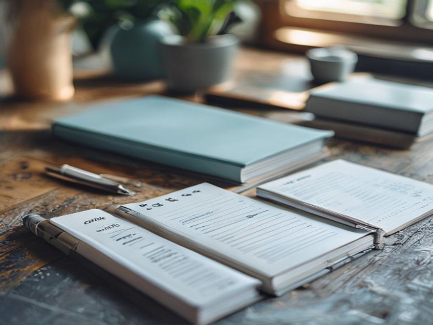 Collection of tracking tools and journals on a wooden desk